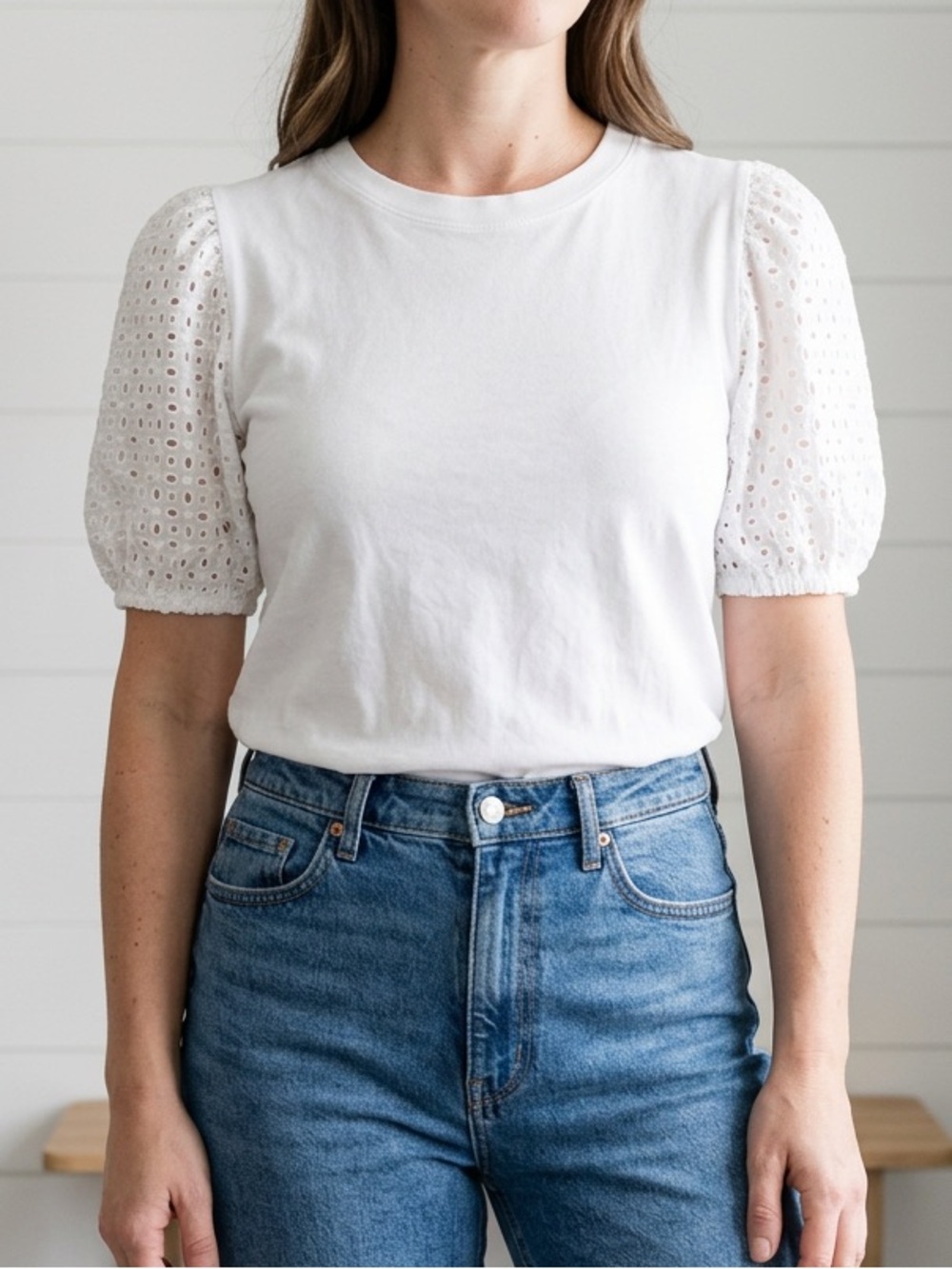 💥 H&M Cotton Eyelet Puff Sleeve Tee - White